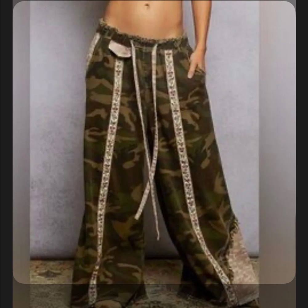 POL Wide Leg Camouflage Flare Jeans with Trim